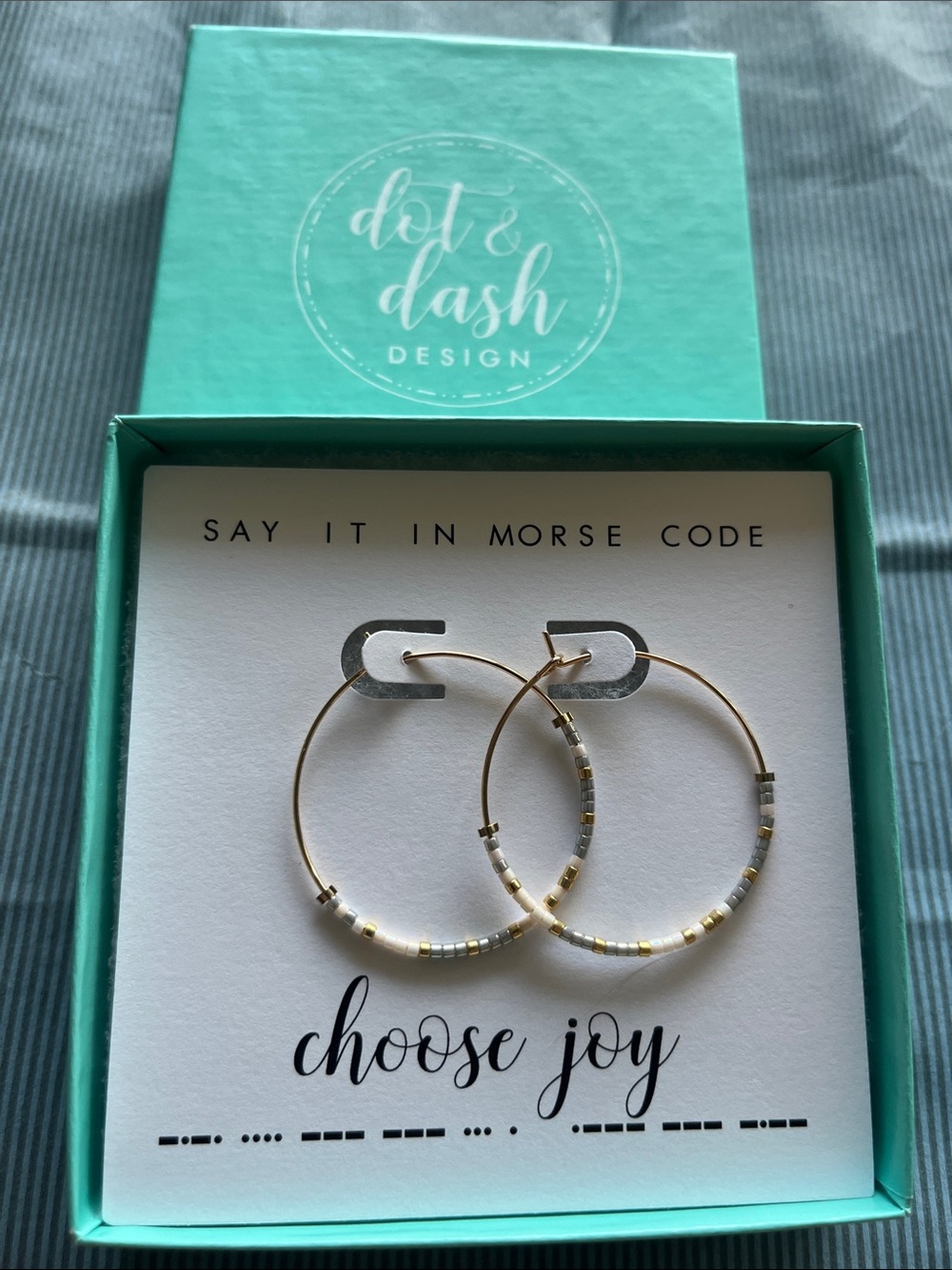 Dot & Dash Choose Joy Gold Hoop Earrings with Silver and Cream Beads